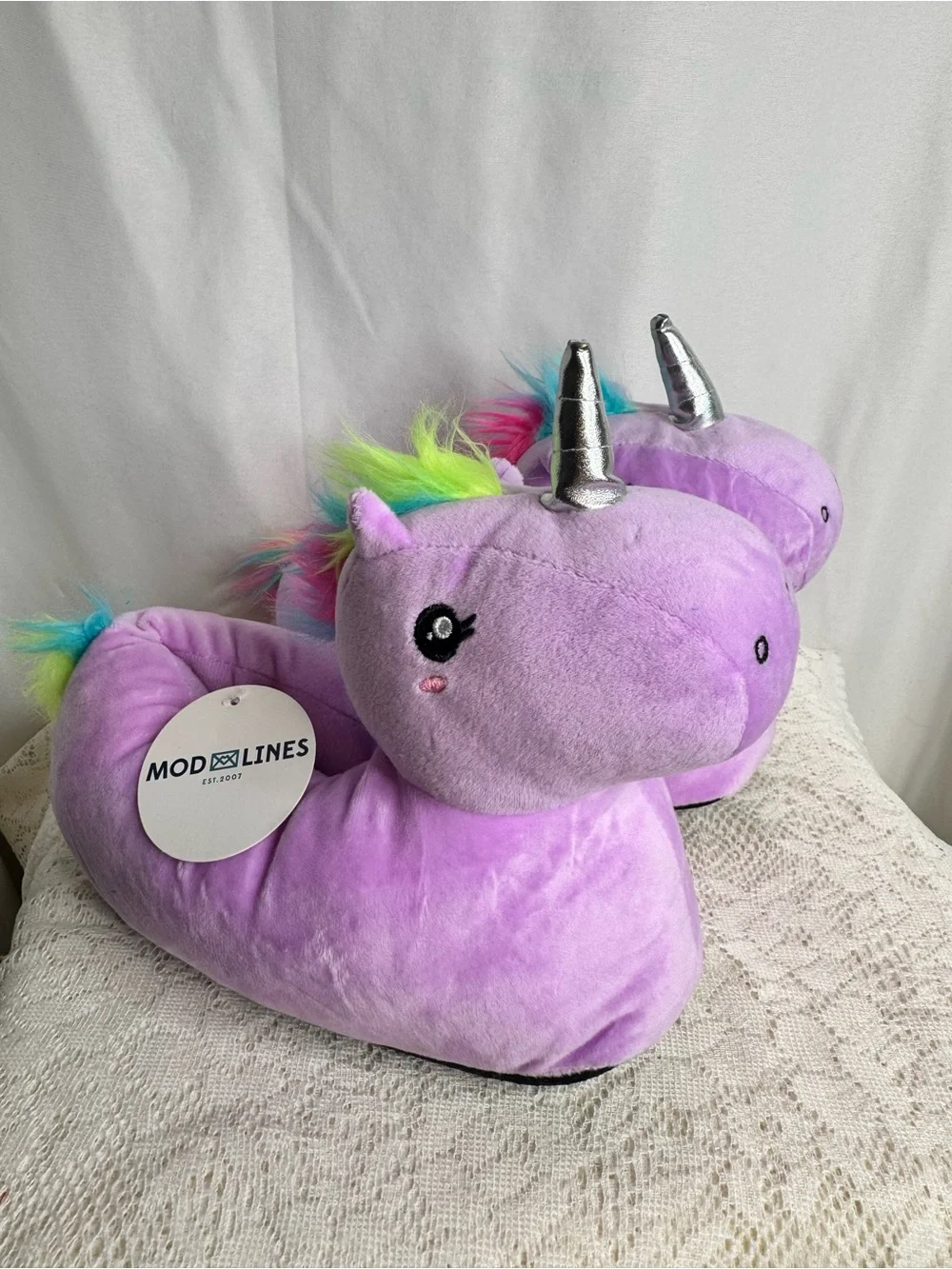 Mod Lines Unicorn Plush Slippers Purple Rainbow Mane Women’s Size 7.5-9 NWT